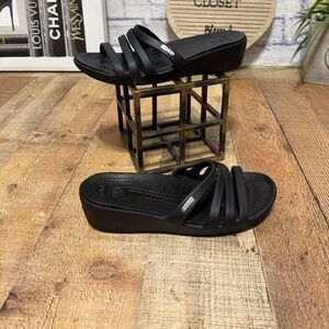 Crocs Rhonda Black Strappy Wedge Pump Short Heels Women's Size 9